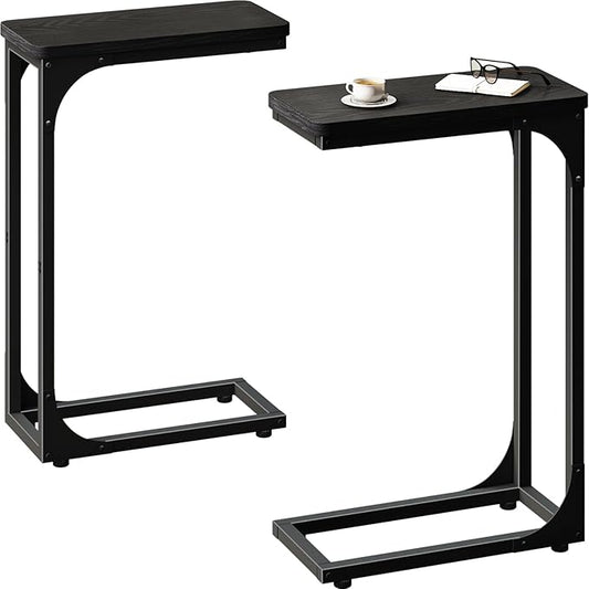 QEEIG Narrow C Shaped Side Table Set of 2 Living Room Sets Slim Couch Tray Tables Skinny Thin Small Modern 7 inch Width, Black (017-18B)