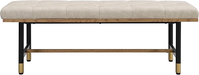Shoe Bench Entryway, End of Bed Bench, Bench for Bedroom End of Bed, Modern Faux Leather Bench for Living Room, Entryway Bench Seat, Padded Bench with Solid Metal Shelf Gold, Beige