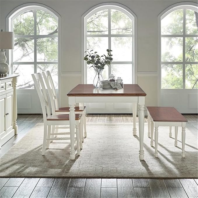 Crosley Furniture Shelby 4-Piece Traditional Dining Table Set for 5 with 2 Chairs and a Wood Bench, Distressed White