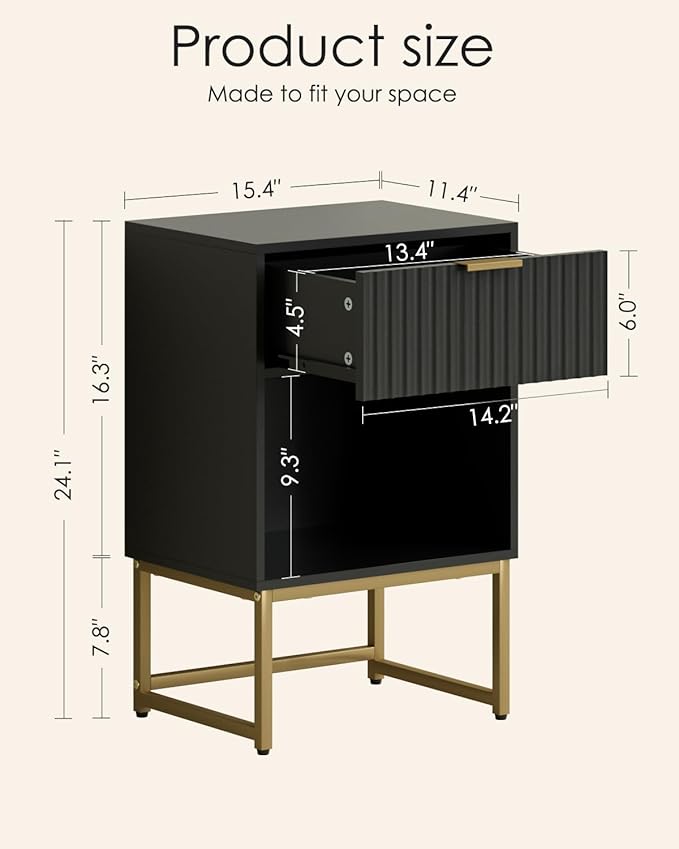 Masupu Fluted Nightstand,Modern Night Stand Wood Bedside Table with Storage Drawer Side End Table for Bedroom,Living Room,Office,Black