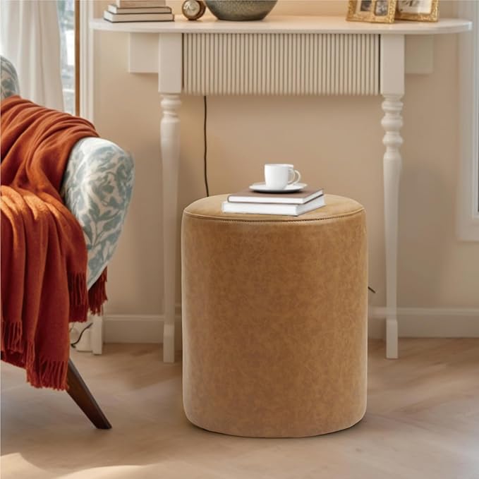 Get Set Style Modern Round Ottoman with Soft Padded Seat, Multifunctional Vanity Stool for Makeup, Upholstered Footrest Stool Ottoman Foot Stool for Living Room, Bedroom