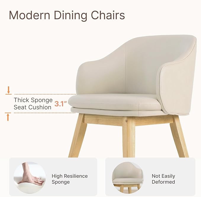 Wooden Dining Chairs Set of 2, Faux Leather Upholstered Modern Dining Room Chairs with Barrel Backrest & Double-Layer Thick Cushion for Living Room, Restaurant, Kitchen and Café, Beige