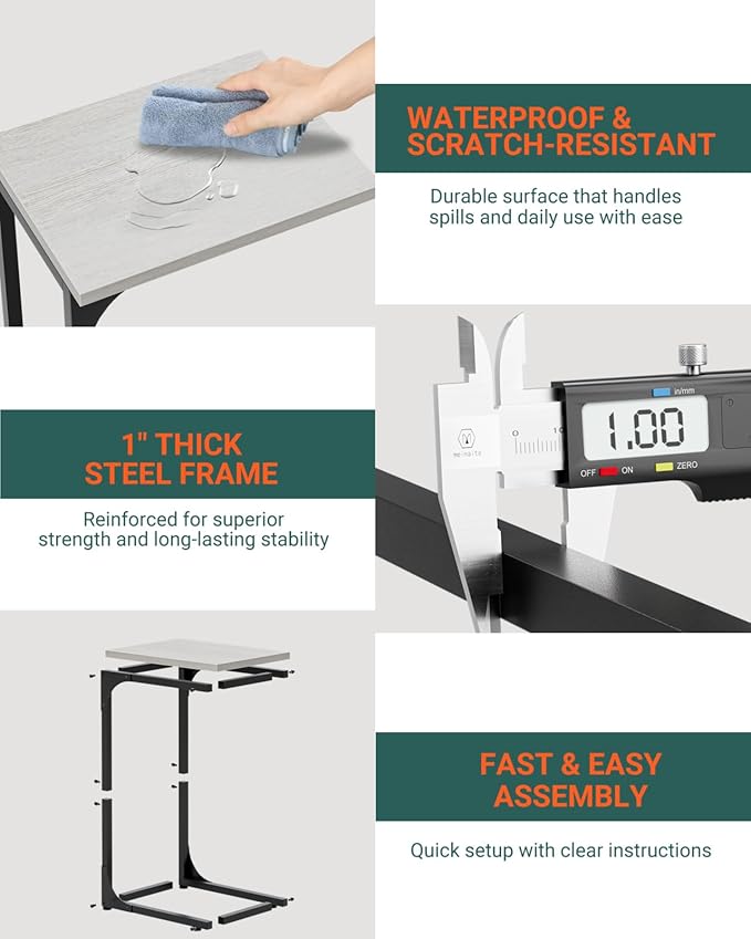 C-Shaped Side Table for Couch - Small Coffee Stand Sofa Tray Desk with Metal Frame and Waterproof Scratch Resistant, Modern End Accent for Living Room, Bedroom, Small Spaces, Greige