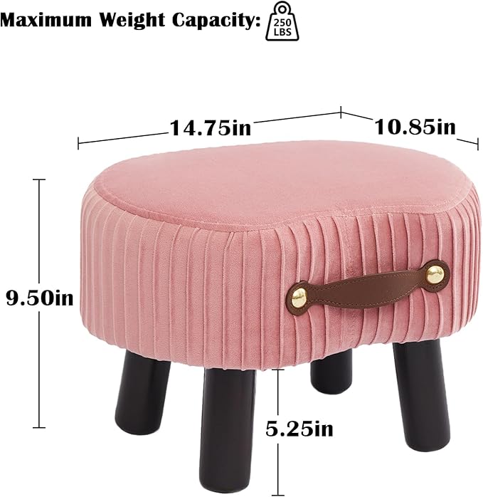 Small Footstool with Handle, Velvet Ottoman Foot Rest with Padded Seat, Curved Foot Stool with Wooden Legs, Portable Foot Rest for Living Room, Bedroom, Entryway, Pink