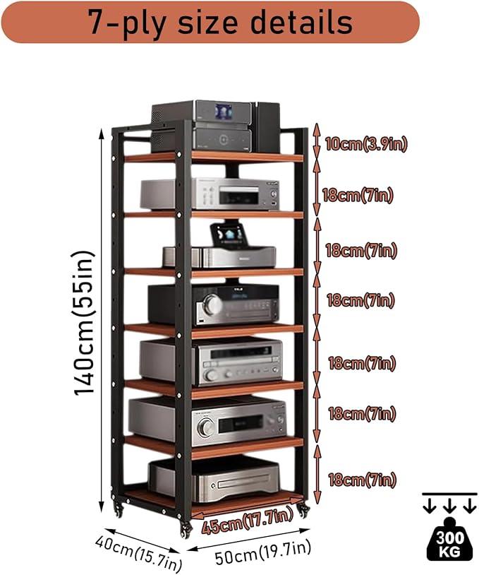 7 Tier Audio Rack Tower, CD Record Player Stereo Receiver AV Equipment Cabinet Display Rack, Weight capacity 661 lbs, with Adjustable Wooden Shelves for Home (TEAKWOOD, 7 TIER 55×19.7×15.7IN)