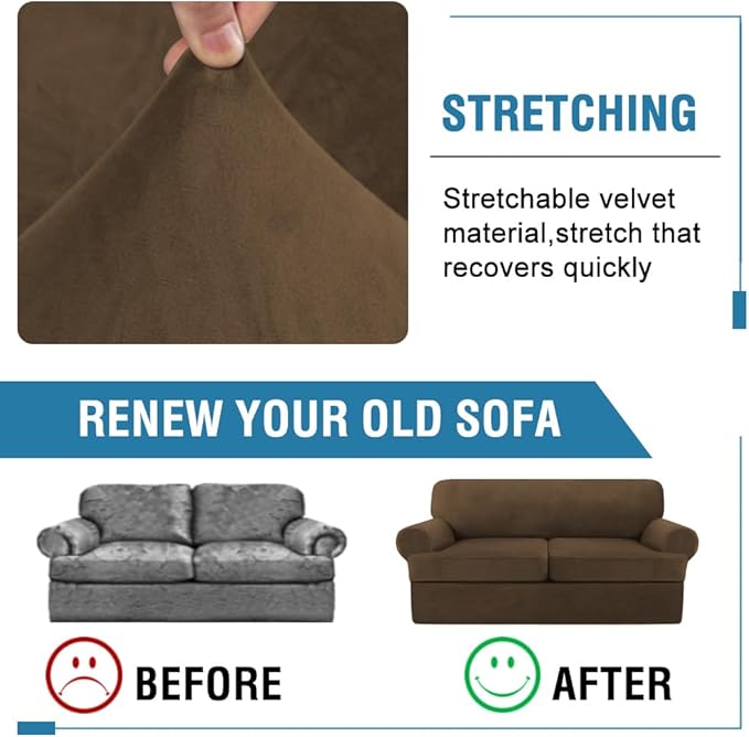 H.VERSAILTEX Sofa Cover 3 Piece T Cushion Loveseat Slipcovers Thick Velvet Couch Cover Stretch T Cushion Sofa Covers for 2 Cushion Couch with 2 Individual T Cushion Covers, Bronze Brown