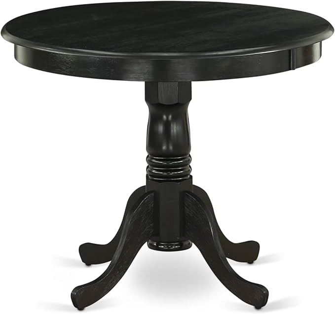 East West Furniture ANGA3-ABK-24 3 Piece Dinette Set for Small Spaces Contains a Round Kitchen Table with Pedestal and 2 Black Linen Fabric Parson Dining Chairs, 36x36 Inch, Wirebrushed Black