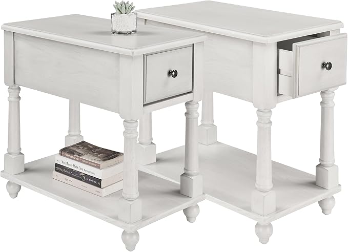 LEEMTORIG Set of 2 Solid Wood End Table Narrow Side Table with Drawer, Cherry Wood End Table Living Room, 13" W Slim Small Nightstand, 22" D x 22.3" H, No-Tools Assembly, Gray White BBJ-004-RW