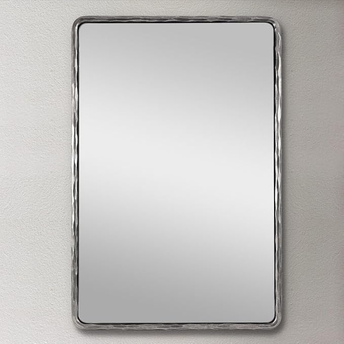 ANDY STAR Hand-Forged Silver Bathroom Mirror for Wall, 24x36 Inch Vintage Solid Steel Metal Frame Bathroom Vanity Mirror, Antique Rounded Rectangle Wall Mirror, Hangs Horizontally or Vertically