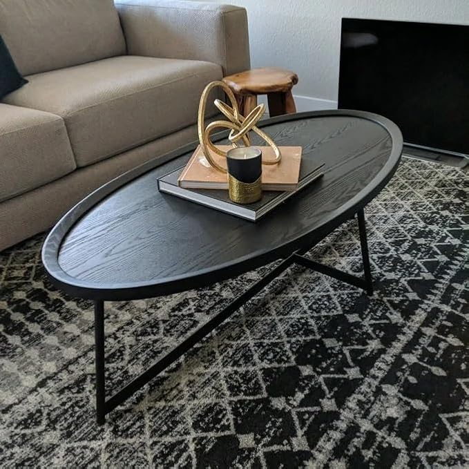 Modern Coffee Table, Oval Wood Coffee Tables Center Table with Metal Leg for Living Room, 47 Inch Table Accent Furniture (Oval Coffee Table, Black)