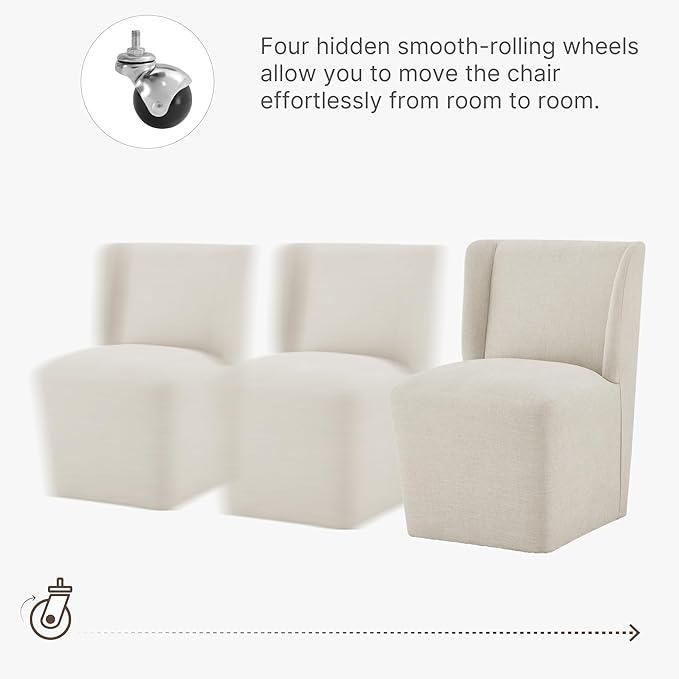 Upholstered Dining Chair with Casters Wingback Modern Side Armless Deskchair with Rollers for Diningroom Bedroom Livingroom Reading Room,Cream Beige,1 Box