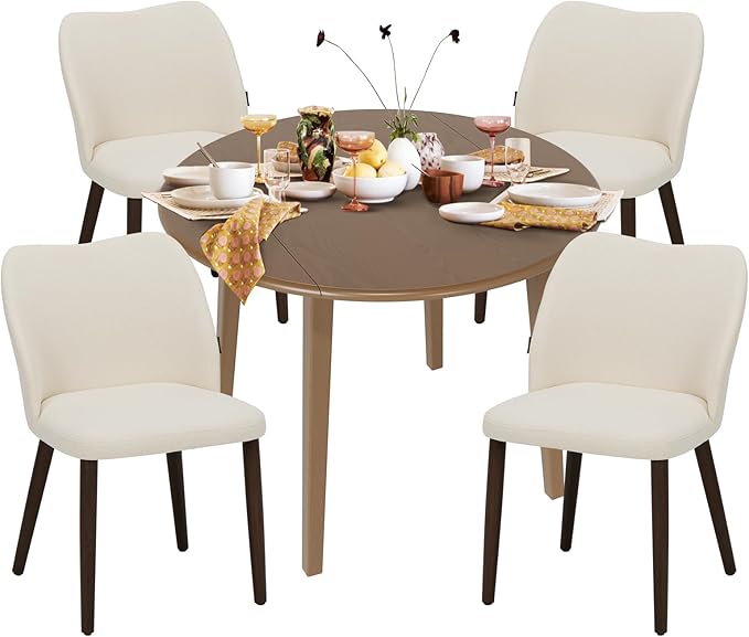 COLAMY 5-Piece Extendable Dining Table Set for 4, 36" Kitchen Round Wood Table with 4 Wooden Dining Room Chairs,Light Brown/Beige