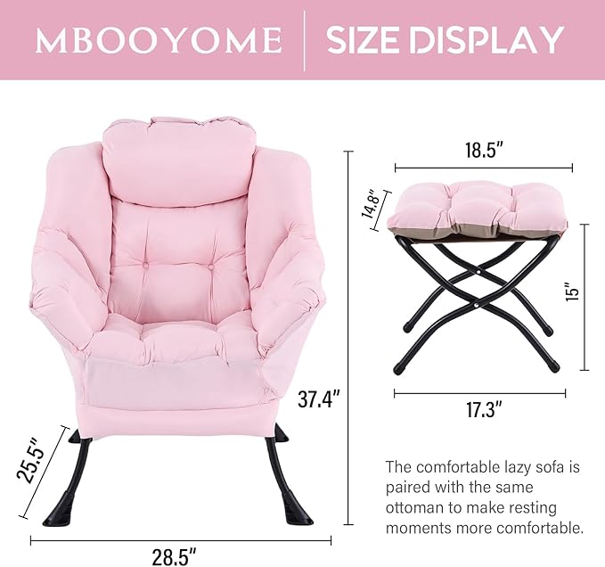 Lazy Chair with Folding Ottoman, Modern Accent Lounge Armchair with Armrests and a Side Pocket & Foldable Footstool, Leisure Reading Chair for Living Room, Bedroom, Dorm & Office, Pink