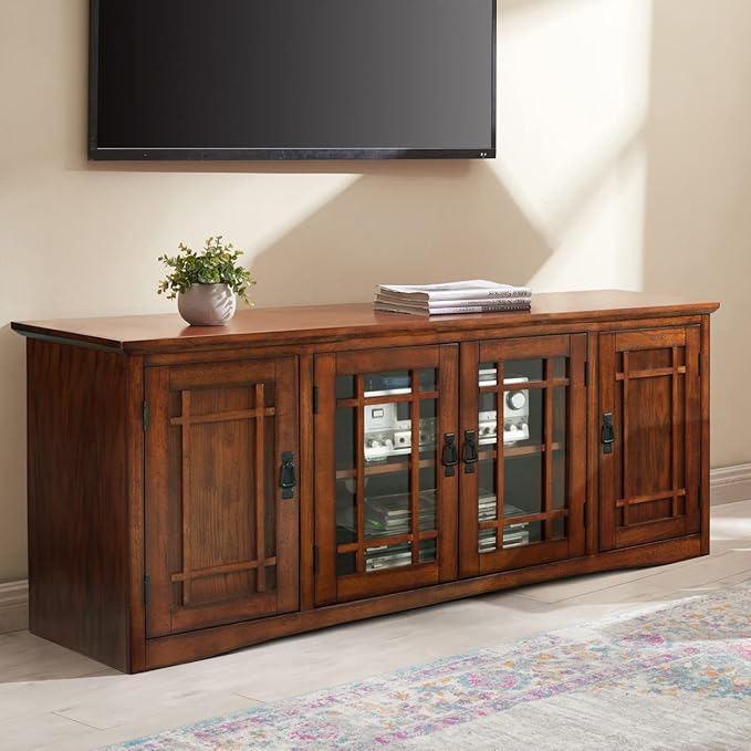 Leick Home 82360 Solid Wood Mission Oak Four Door TV Stand For 65" TVs Universal TV Console Living Room Storage Shelves Entertainment Center, Mission Oak
