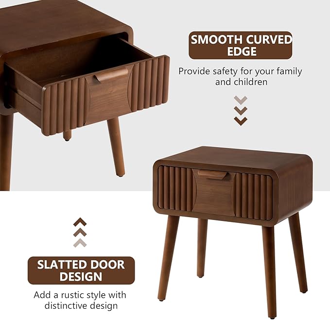 COSIEST Mid Century Modern Nightstands Set of 2, MCM Vintage Bedside Tables with Storage Drawers, Wood End Tables for Bedroom, Living Room (Brown, Striped Pattern)