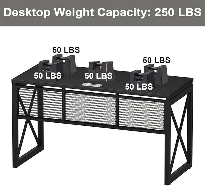 BON AUGURE Black Desk, Wood Computer Desk, Industrial Office Desks, Sturdy Writing Desks for Bedroom, Home Office, Living Room Study Workstation (Black, 54 Inch)