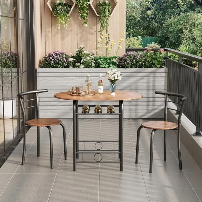 Shahoo 3-Piece Wooden Dining Table Set, Kitchen Breakfast Nook Sets with 2 Chairs & Round Tabletop, Space Saving Furniture Metal Frame and Built-in Wine Rack, Brown