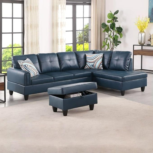 Denim L-Shaped 3-Piece Faux Leather Sofa with Storage Ottoman Set, Sectional Couch Sofa Set for Living Room, Office, Small Space
