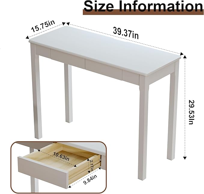 Solid Wood Desk with Drawers - 39 x 16 Inch Narrow Desks, Mid Century Modern Desks, Rubber Wood Study Table, Small Writing Desk for Small Spaces|Bedroom - White
