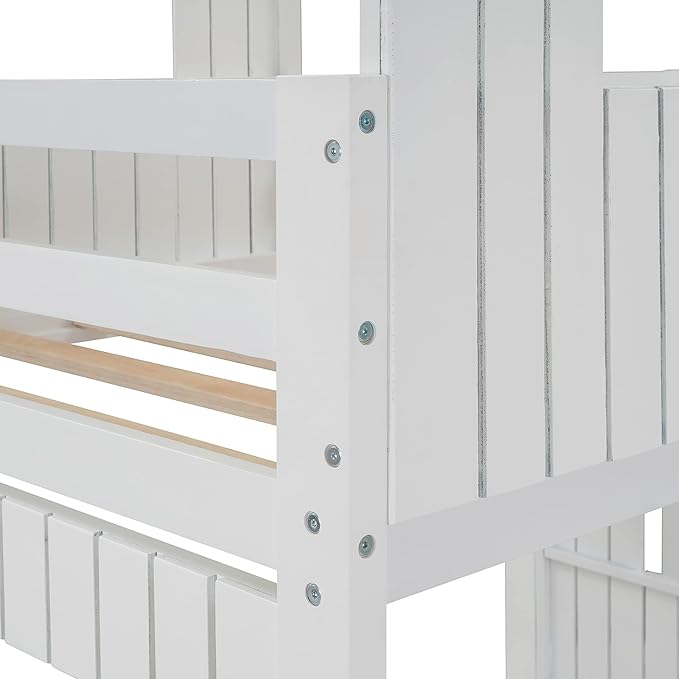 Ball & Cast Twin Over Full Playhouse Bunk Bed with Ladder and Window,Farmhouse Wood Bunkbed w/Full-Length Guard Rail & Slat Support,Space Saving,Bedroom Furniture for Student Dorms,White