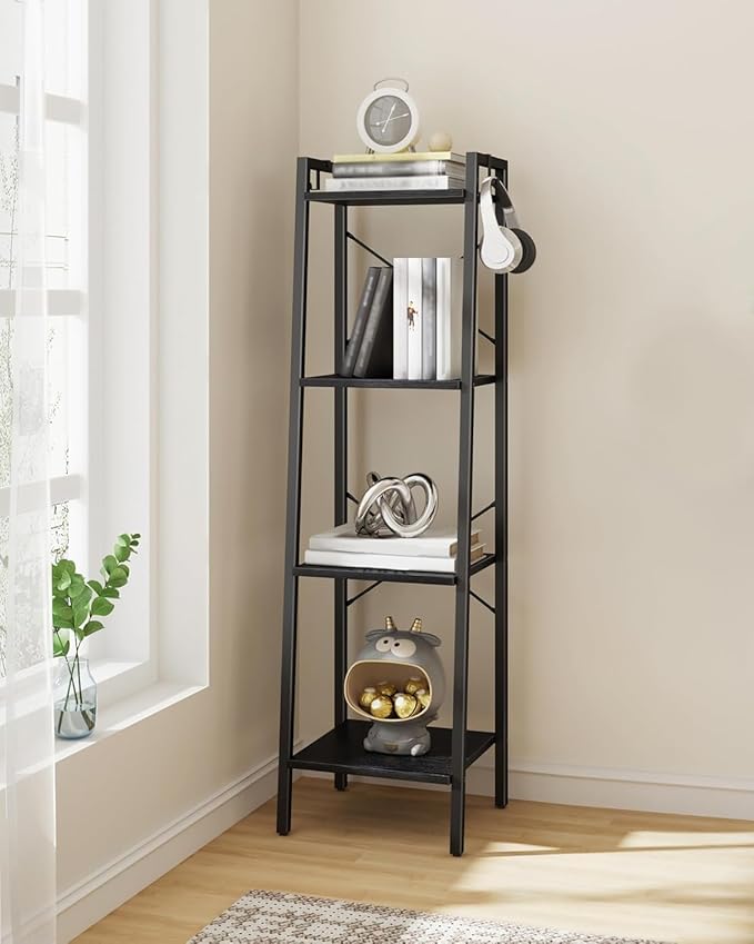 Ladder Shelf, Bookshelf Bookcase, Freestanding Corner Storage Shelve with 2 Hooks for Home Office, Living Room, Kitchen, Bedroom, Industrial, 4-Tier Black BC13204B