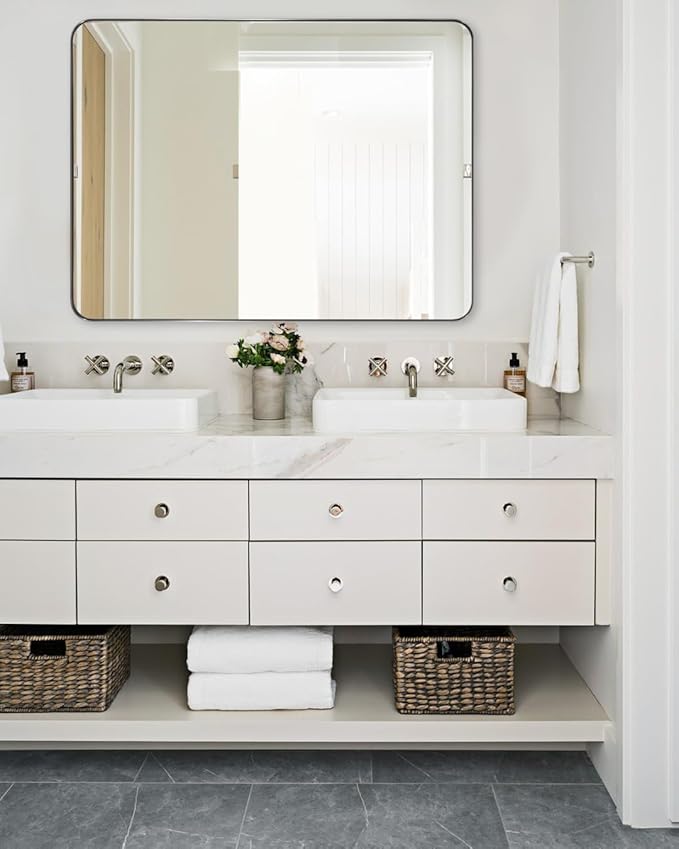ANDY STAR 30”x40”Brushed Nickel Mirror for Bathroom, Rounded Rectangle Bathroom Mirror, Modern Metal Mirror in Premium Stainless Steel Frame, 1”Deep Set Design Hangs Horizontal Or Vertical