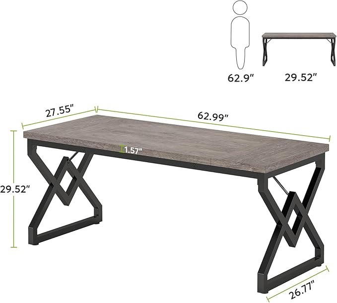 Tribesigns 63 Inch Executive Desk, Large Office Computer Desk with Extra Thick Wooden Tabletop and Metal Frame, Modern Simple Workstation Writing Table Study Desk for Home Office, Gray