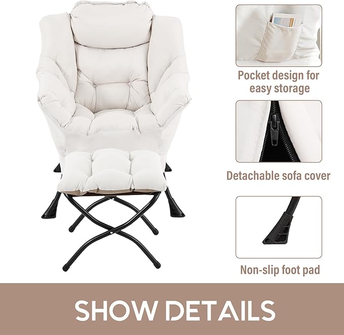 LITA Lazy Chair with Ottoman, Modern Accent Leisure Upholstered Sofa, Contemporary Lounge Reading Chair with Armrests and a Side Pocket for Living Room, Bedroom & Small Space, Beige
