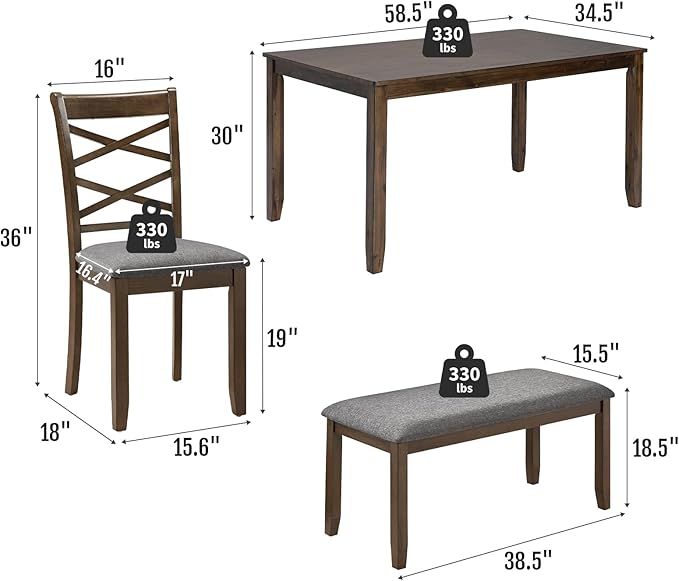 6-Piece Solid Wood Dining Table Set, Includes 1 Dining Table, 4 Upholstered Chairs and 1 Bench, Wooden Legs Dining Table Set for Dining Room, Kitchen, Restaurant, Walnut