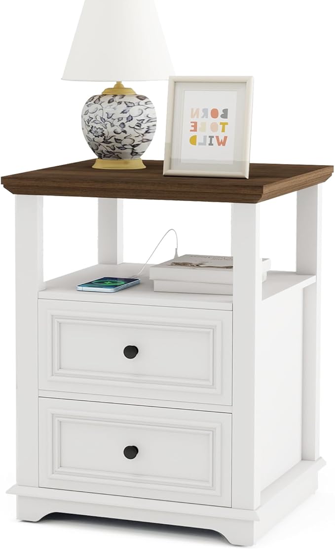 Vipbear Farmhouse Nightstand 18" White End Table with Charging Station & 2 Drawers, Rustic Bedside Table with Storage Shelf for Bedroom, Living Room,18.1" D x 18.1" W x 24.2" H