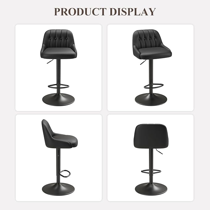 Bar Stools Set of 1, Swivel Bar Chairs, Modern Adjustable PU Leather Upholstered Barstools Counter Height with Tufted Back for Bar, Kitchen Counter Island, Dining Room, Black