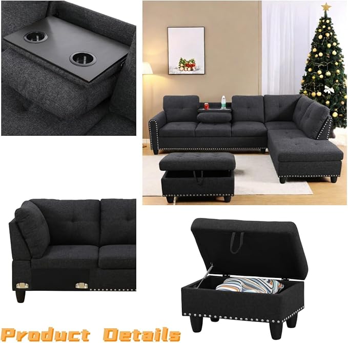 L Shaped Sectional Couch with Otttoman, 97" Sectional Sofa for Living Room Flannel Modular Couches with Cup Holders for Bedroom, Apartments, Black Grey