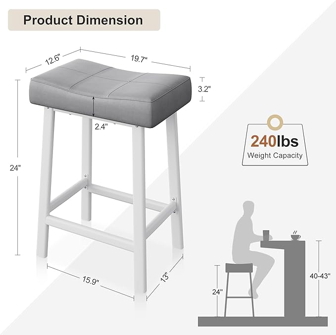GarveeHome Counter Height Bar Stools Set of 2, 24 Inch Barstools for Kitchen Island Counter, Upholstered Padded Barstools with Curved Surface, Easy Assembly, Grey