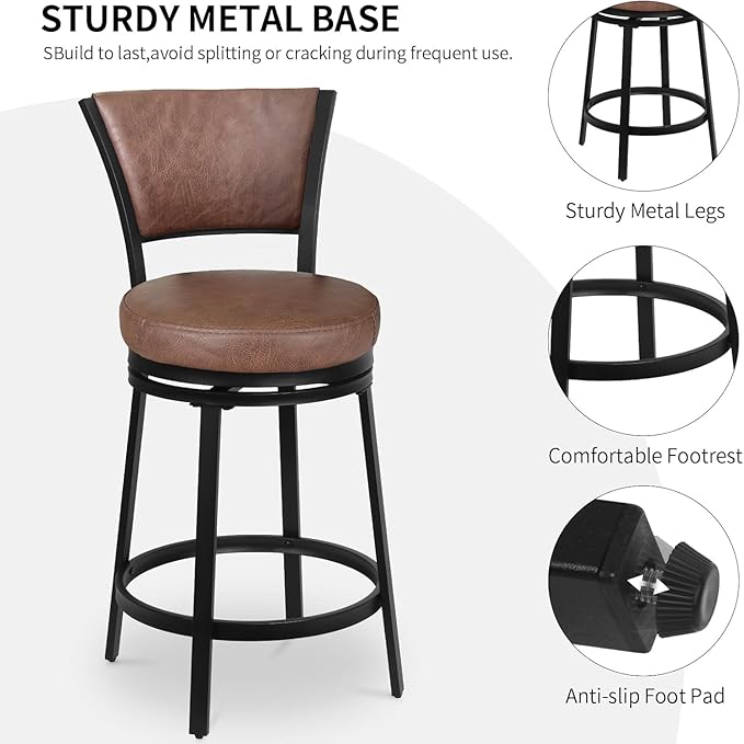 Bar Stools Set of 2, 25 Inch Metal Counter Height Bar Chairs, Modern Faux Leather 360° Round Swivel Barstools with Back, Counter Stools for Kitchen Island, Pub, Brown