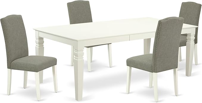 East West Furniture LGEN5-LWH-06 5 Piece Dining Set Includes a Rectangle Dining Room Table with Butterfly Leaf and 4 Dark Shitake Linen Fabric Upholstered Chairs, 42x84 Inch, Linen White