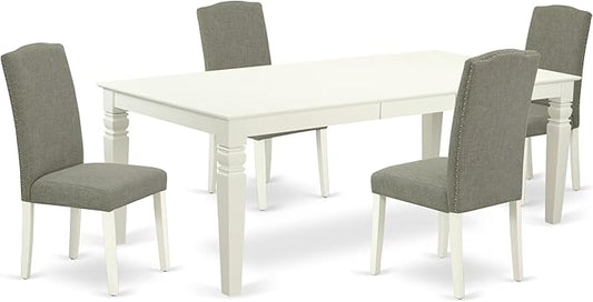 East West Furniture LGEN5-LWH-06 5 Piece Dining Set Includes a Rectangle Dining Room Table with Butterfly Leaf and 4 Dark Shitake Linen Fabric Upholstered Chairs, 42x84 Inch, Linen White