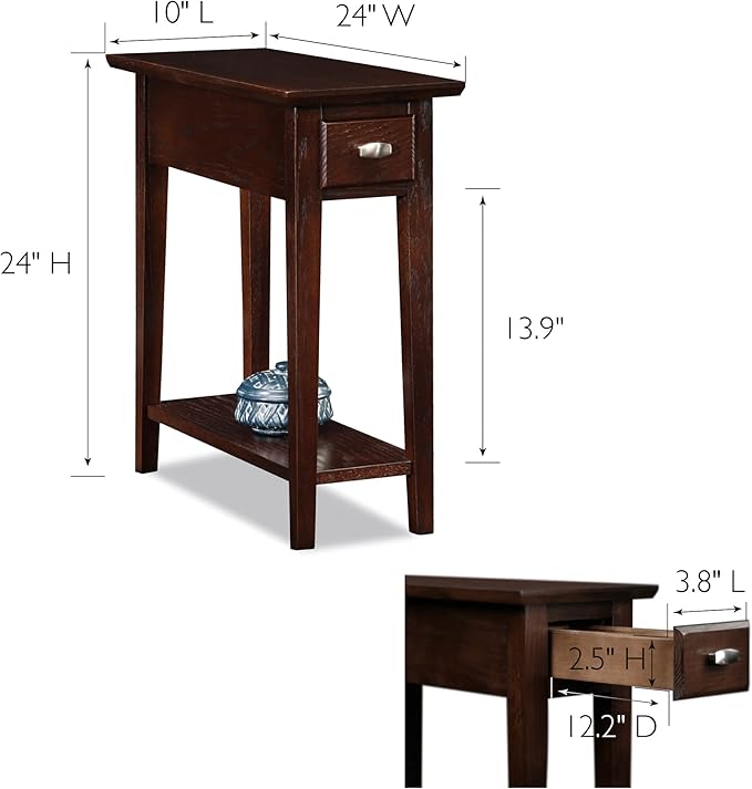Leick Home 15 in Wide End Table, Solid Wood Construction, One Drawer, One Lower Shelf, Narrow Width, Easy-Assembly, Chocolate Oak, 15 in W x 24 in D x 24 in H, 10071-CH