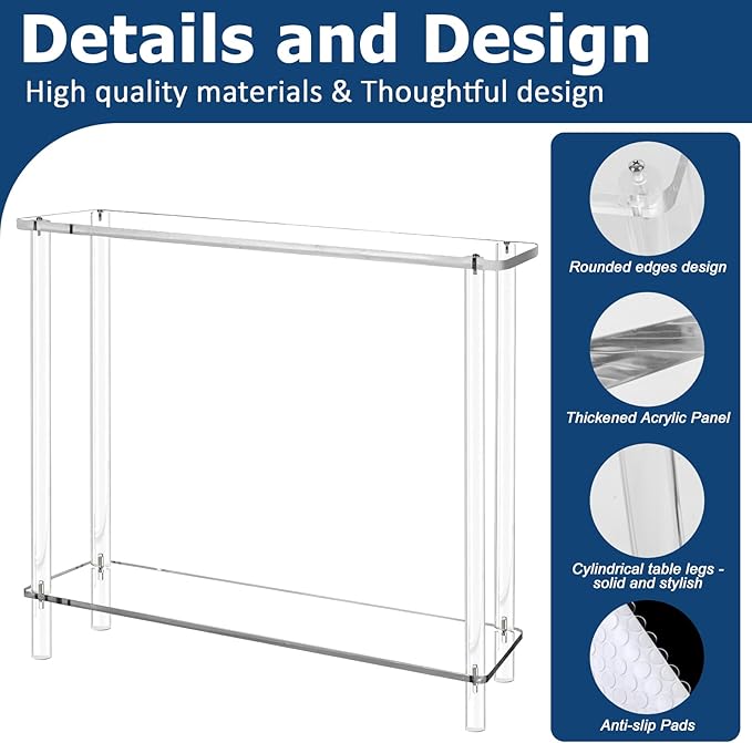 Acrylic Narrow Console Table for Entryway 7.6" D x 39.4" W x 31.5" H Clear Modern Skinny Bookshelf Slim Entry Table Waterfall Desk Furniture for Sofa Foyer Hallway Living Room Dining Room