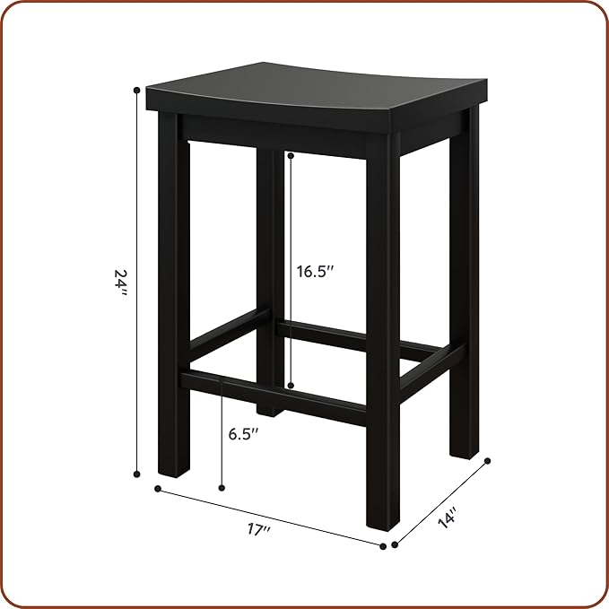 Grain & Grove Smith Collection Solid Wood Counter Height Bar Stool, 24-Inch Saddle Seat Backless Stool, Ideal for Kitchen Island, Dining, or Home Bar Seating, Black