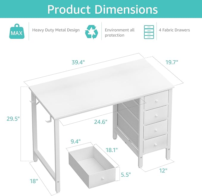 Lufeiya Small White Desk with Drawers for Bedroom, 40 Inch Kids Girls Study Desks, Reversible Computer Writing Nail Table with Fabric Drawer for Small Spaces Home Office Manicure