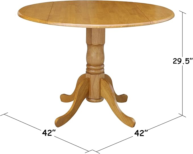 IC International Concepts, 42" Round Dual Drop Leaf Pedestal Dining Table, Solid Real Wood, Sturdy Parawood, Dimensions 42"D x 42"W x 29.5"H, 20mm thickness, 40lbs Weight Capacity, Oak