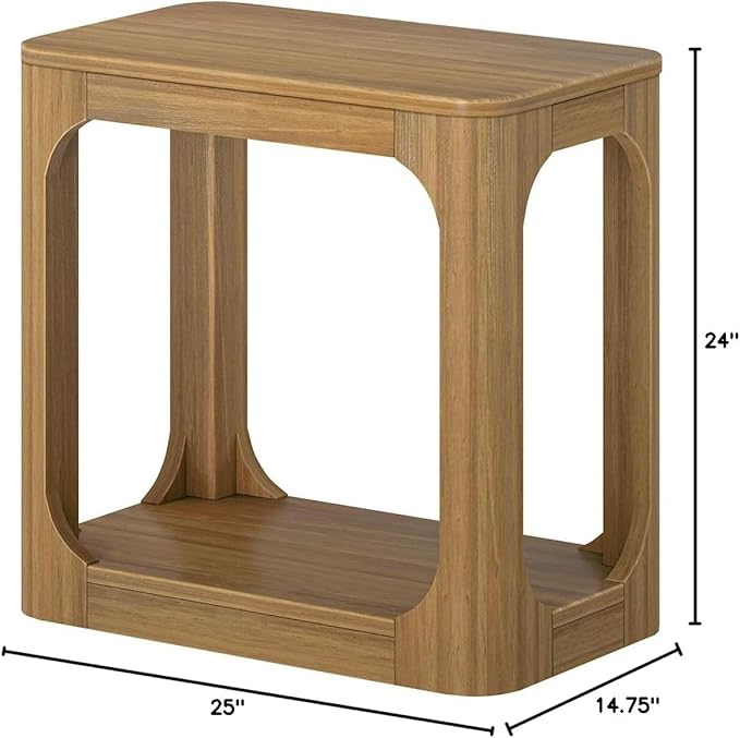 Plank+Beam Modern Rounded Rectangular Side Table with Shelf, Solid Wood End Table for Living Room, 25in, Pecan