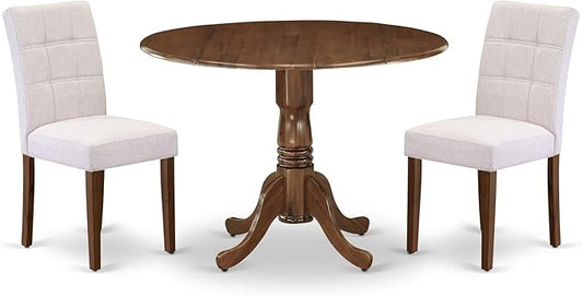 East West Furniture DLAS3-AWA-08 3 Piece Dinner Table Set Includes A Mid Century Modern Table and 2 Mist Beige Polyester Fabric Dinning Chairs, Antique Walnut