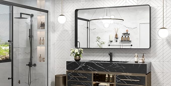 TokeShimi 48 x 24 Inch Wall Mirror Black Bathroom Vanity Mirror with Metal Frame Aluminum Alloy Rounded Corner for Modern Farmhouse Wall Decor 1”Deep Set Design (Horizontal/Vertical)