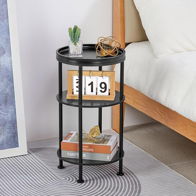 Small Round Side Table for Small Spaces, 3-Tier Round Accent Table Slim Side Table, Modern Sofa Corner Table for Living Room Nightstand Bedroom (Black)