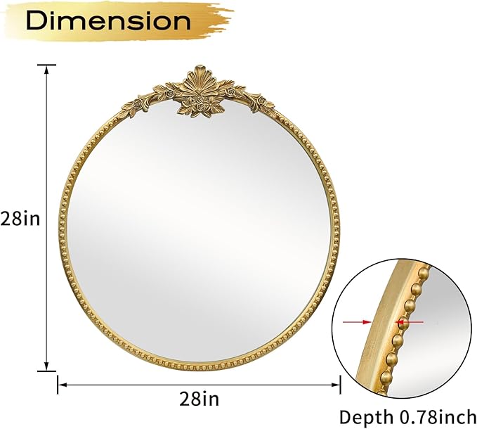 Round Gold Mirror,28inch Baroque Style Vintage Decorative Circle Wall Mirror for Living Room, Bedroom, Bathroom, and Entryway,Antique Gold