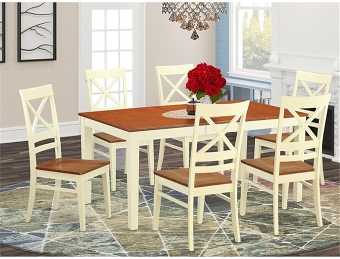 East West Furniture NIQU7-WHI-W 7 Piece Dining Table Set Consist of a Rectangle Dining Room Table with Butterfly Leaf and 6 Wooden Seat Chairs, 36x66 Inch, Buttermilk & Cherry