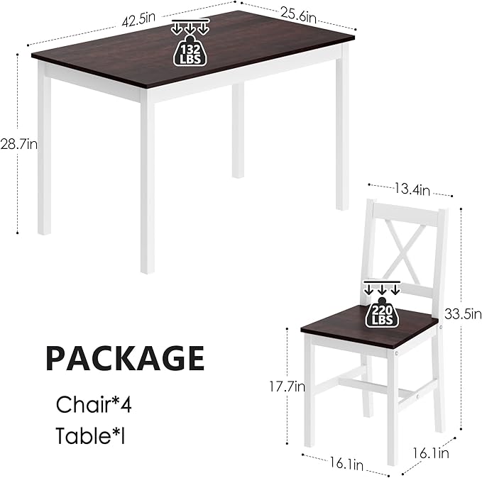 soges Kitchen Dining Table Chairs Set for 4, 42.5 inch Pine Wood Dining Room Table with 4 Chairs, 5-Piece Kitchen Table Chairs Set for Small Space, Apartment, Dinette, Breakfast, Walnut & White