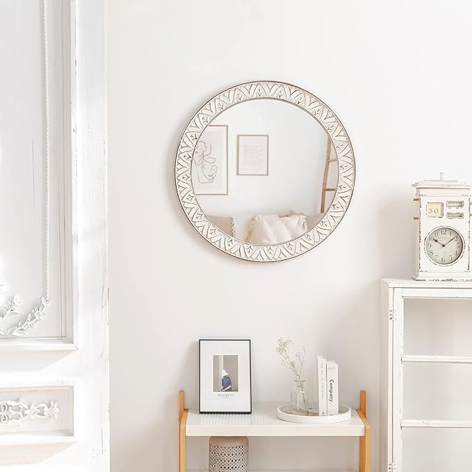 20" Round Rustic Mirror Wooden Frame Circle Mirrors, Distressed Wall Mounted Mirror for Bathroom, Bedroom, Living Room, Entryway, Fireplace, Hall