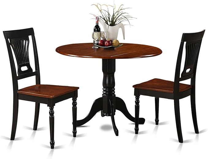 East West Furniture DLPL3-BCH-W 3 Piece Modern Dining Table Set Contains a Round Wooden Table with Dropleaf and 2 Dining Room Chairs, 42x42 Inch, Black & Cherry